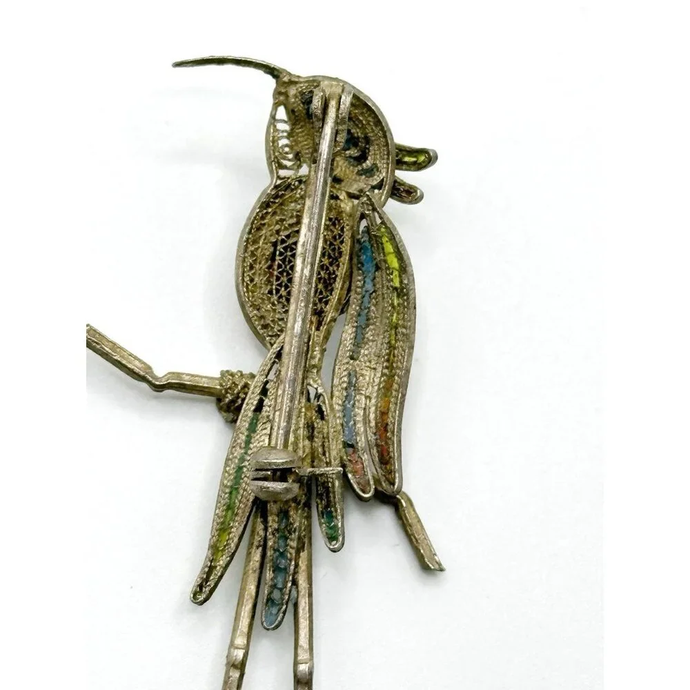 Enameled 800 Silver‎ Filigree Bird Parrot Pin Brooch